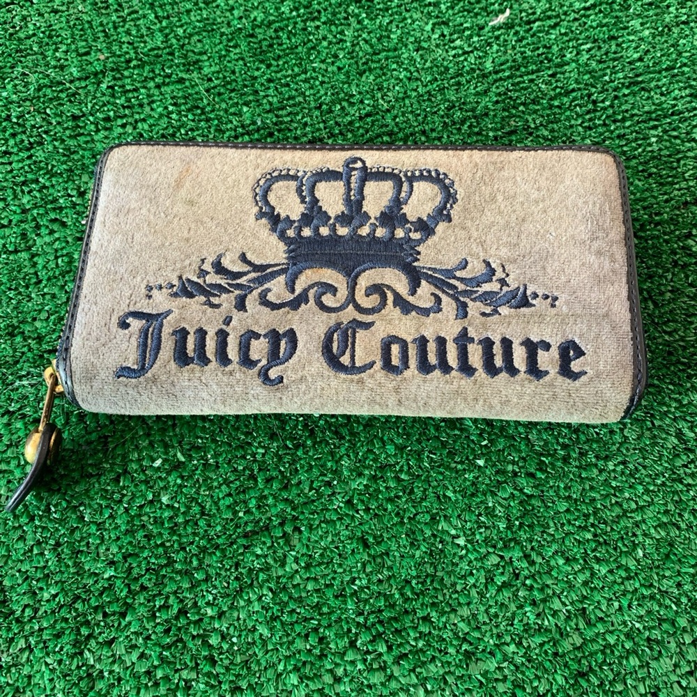Juicy Couture Brown Velour Embroider Crown Princess Zip Around Sectional Wallet